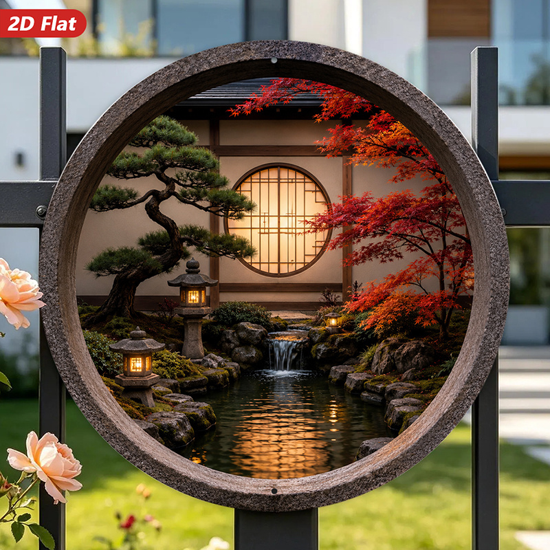 Japanese Garden Bonsai - لوحة جدارية معدنية دائرية مسطحة ثنائية